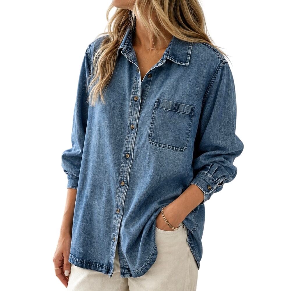 L.L.Bean Womens Vintage 2X Denim Blue Long Sleeve Blouse Shirt Top Outdoors